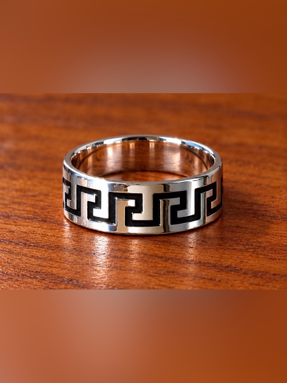 Men's Greek Key Stainless Steel Ring in Silver - Unbranded